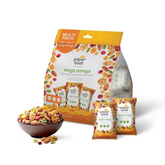 Paper Boat Mega Omega Dry Fruits Mix, Premium Trail Mix with Omega 3 | Walnuts | Cranberry | Pumpkin Seeds (Pack of 10, 30g each)