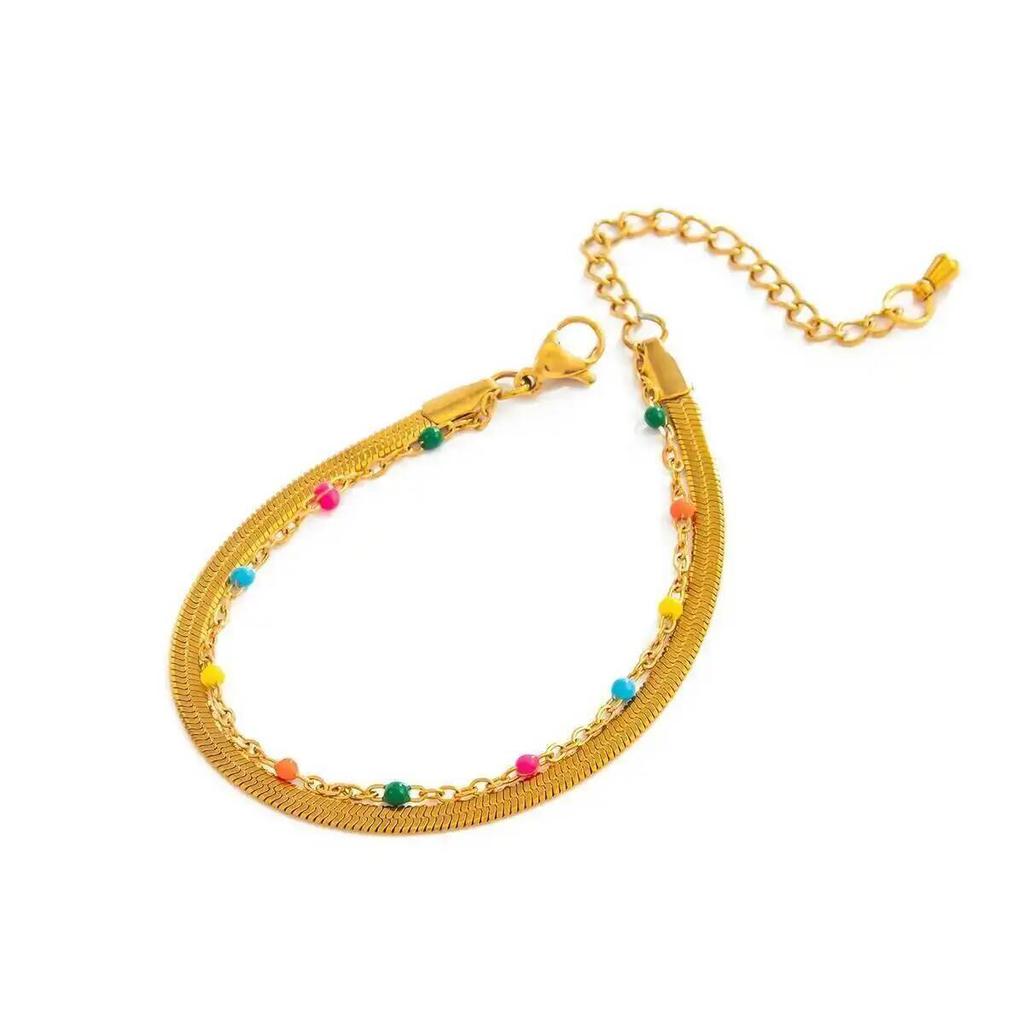 Salircon 2026 Boho Gold Color Stainless Steel Snake Chain Bracelet Trendy Stackable Colorful Beaded Bangle Waterproof Jewelry