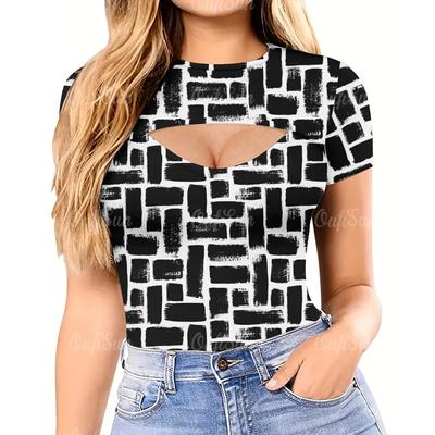 Новая летняя женская футболка с круглым вырезом, топ с короткими рукавами, клетчатая футболка с принтом, повседневная черно-белая футболка, женская одежда, уличная одежда