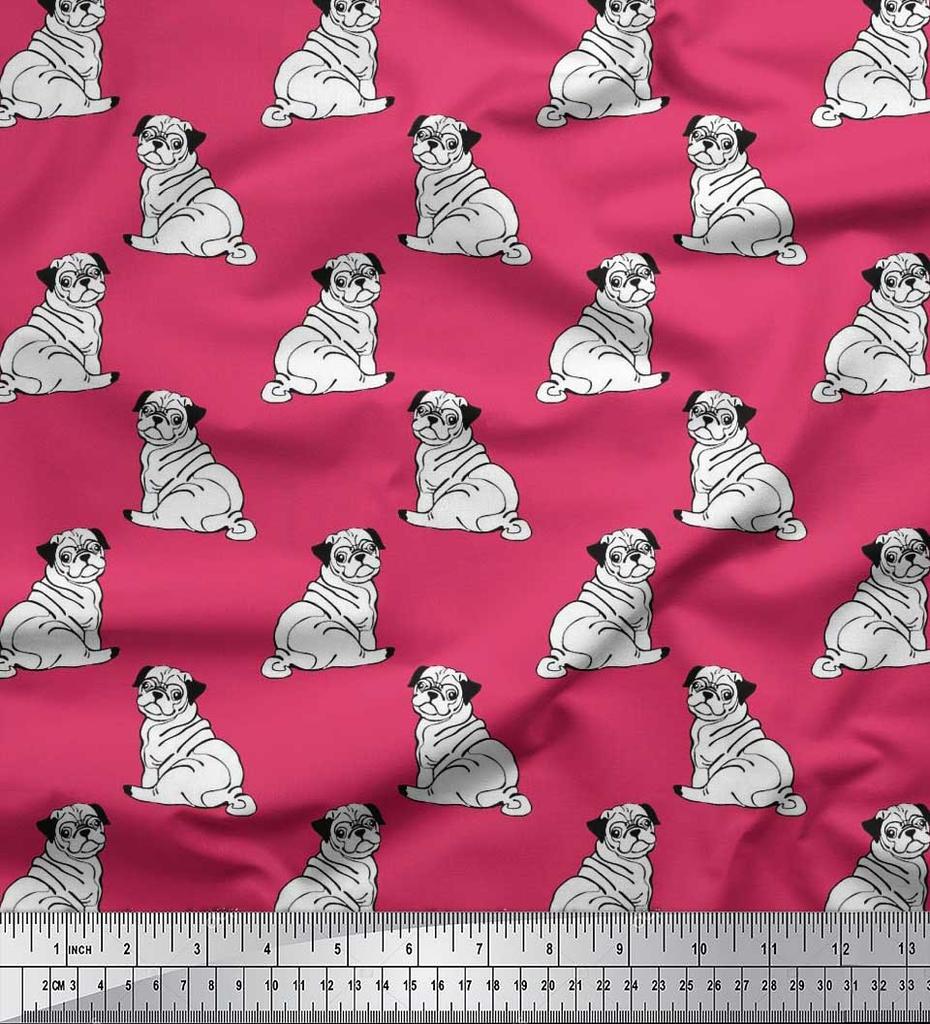 Soimoi Japan Crepe Satin Fabric Pug Dog Print Fabric by Metre 42 Inch Wide