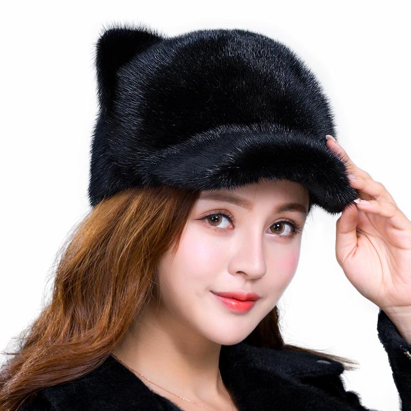 Новая женская норковая шапка с милыми кошачьими ушками (Хлеб в форме кошачьих ушей, приготовленный на пару) Норковая кожаная шапка Зимняя теплая меховая шапка