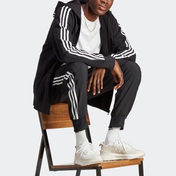 adidas Толстовка с капюшоном Essentials French Terry 3-Stripes Full Zip с капюшоном черного/белого цвета для мужчин в уличном стиле IC0433