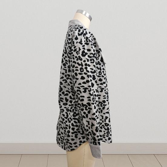 Women Spring Fall Coat Fake Chest Pocket Turn-down Collar Single-breasted Leopard Print Long Sleeves Mid Length Daily Wear Jacket