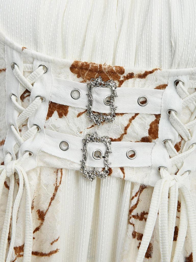 Rosegal Большой размер Платье с цветочным принтом, кружевом, сборками, пряжкой, шнуровкой, рукавами-клеш, с высоким-низким подолом