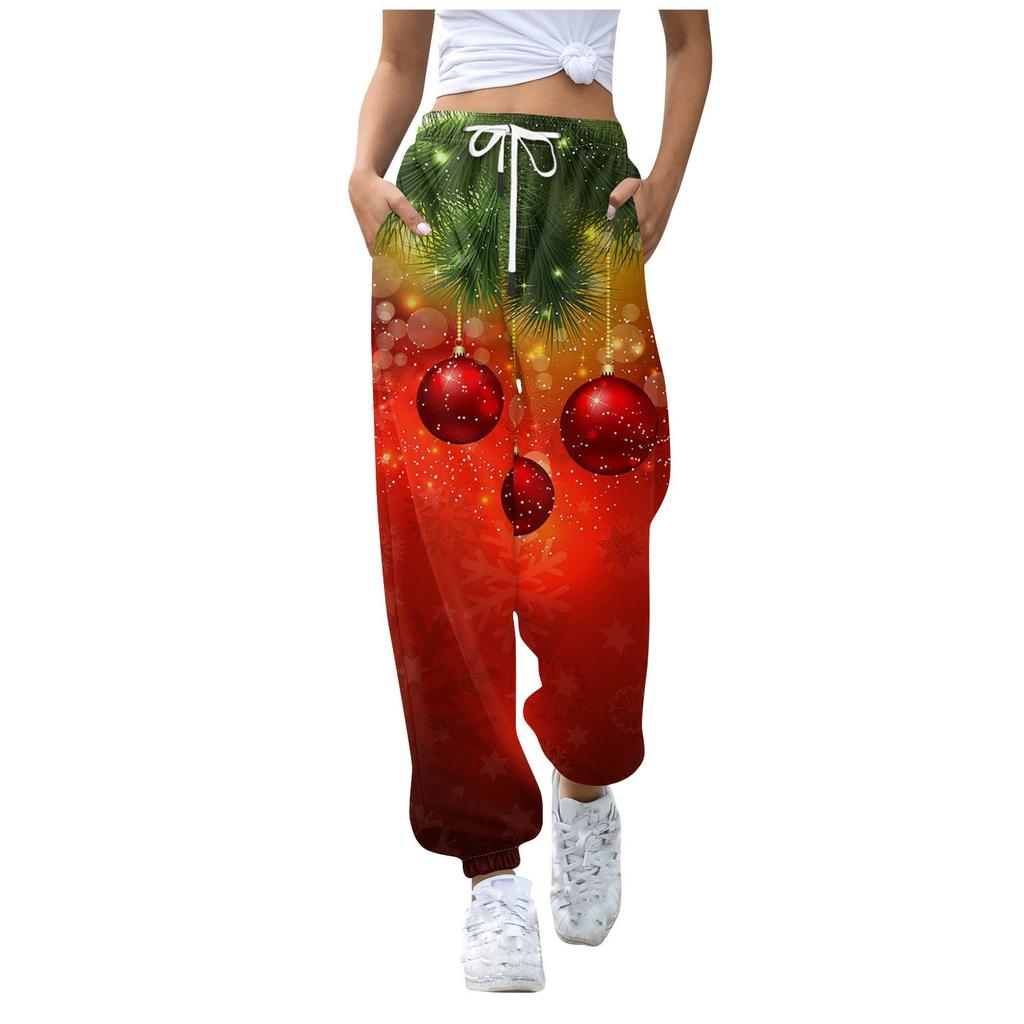 Женские повседневные брюки для отдыха с рождественским принтом, спортивные брюки, брюки с эластичной резинкой на талии, брюки с завязками на шнурке