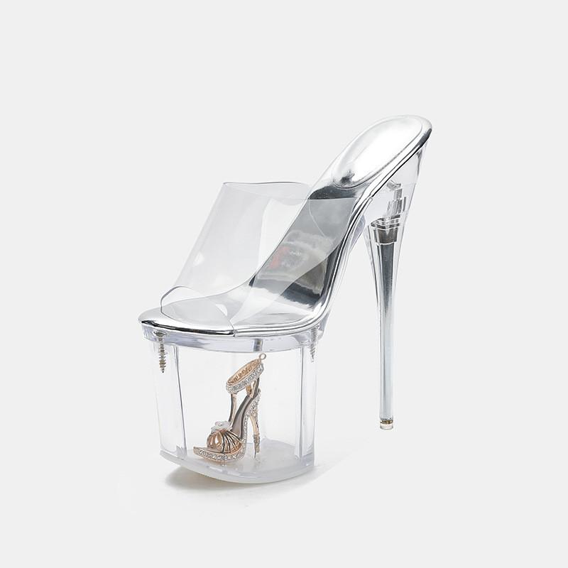 Мода 19см Очень Высокие каблуки Прозрачный ПВХ Женские Тапочки Сандалии Мода Лето Прозрачный Кристалл Платформа Танкетка Мюли Обувь для танца на пилоне