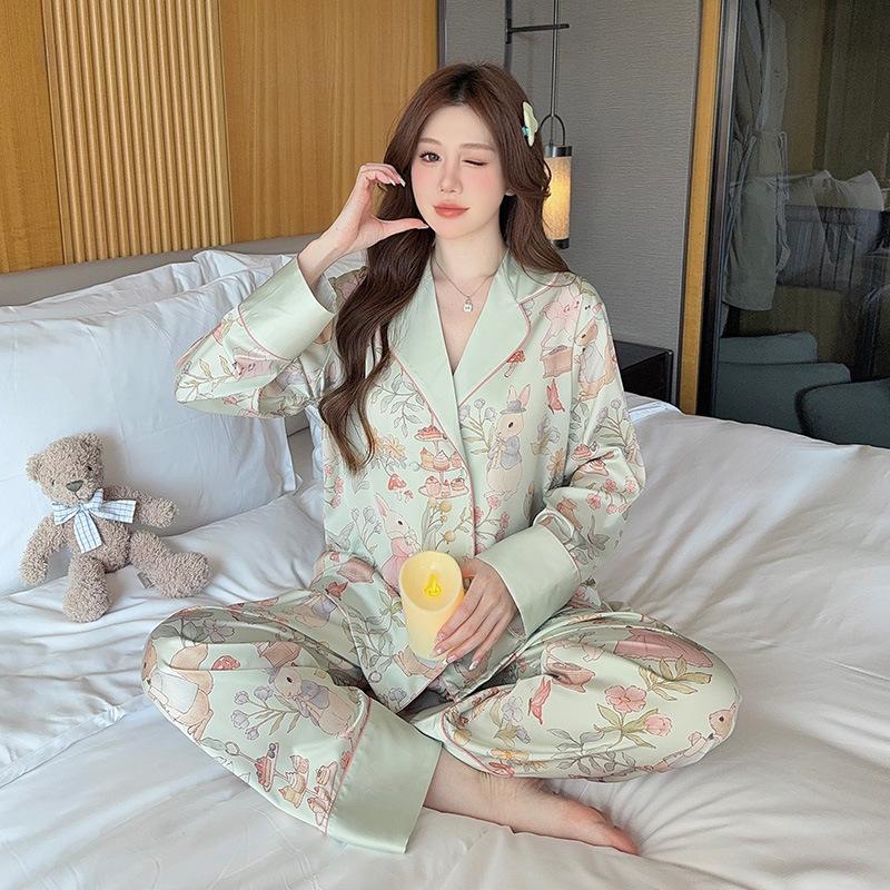 Ice Silk Pajamas for Women, Spring/Autumn Style Imitation Silk High-End Long-Sleeve and Long Pants Set, 1011 New Summer Loungewear