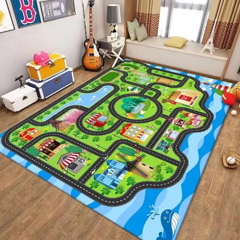 Car Rug Play Mat Road Rug Kid Play Mat Playroom Toy Car Mat Kids Carpet City Map for Bedroom Classroom Home Decor