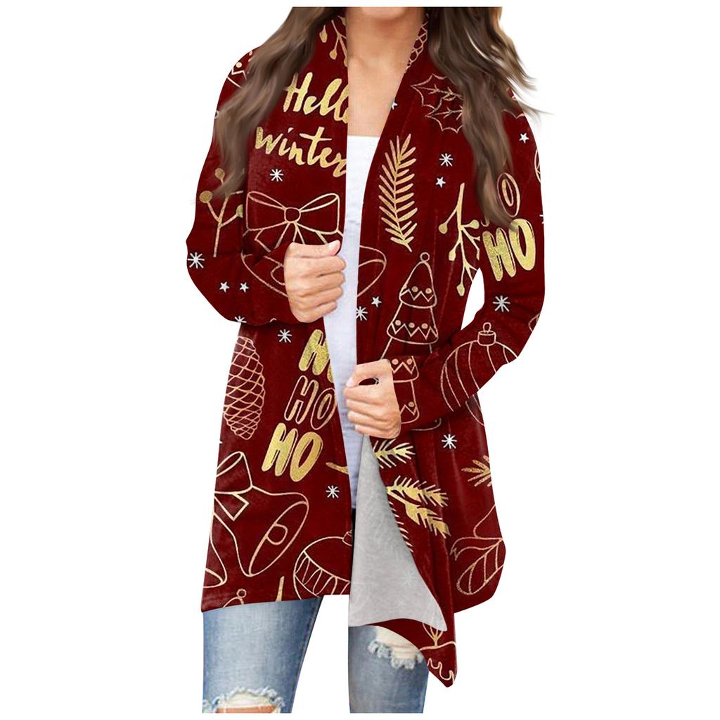Women's Fashion Casual Christmas Print Medium Length Cardigan Jacket Coat