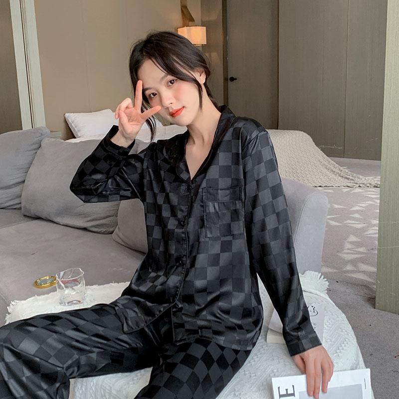 Весна-Осень однотонная клетчатая женская пижама из тонкого искусственного шелка и атласа, пижамный комплект с длинным рукавом, большой размер, женская домашняя одежда