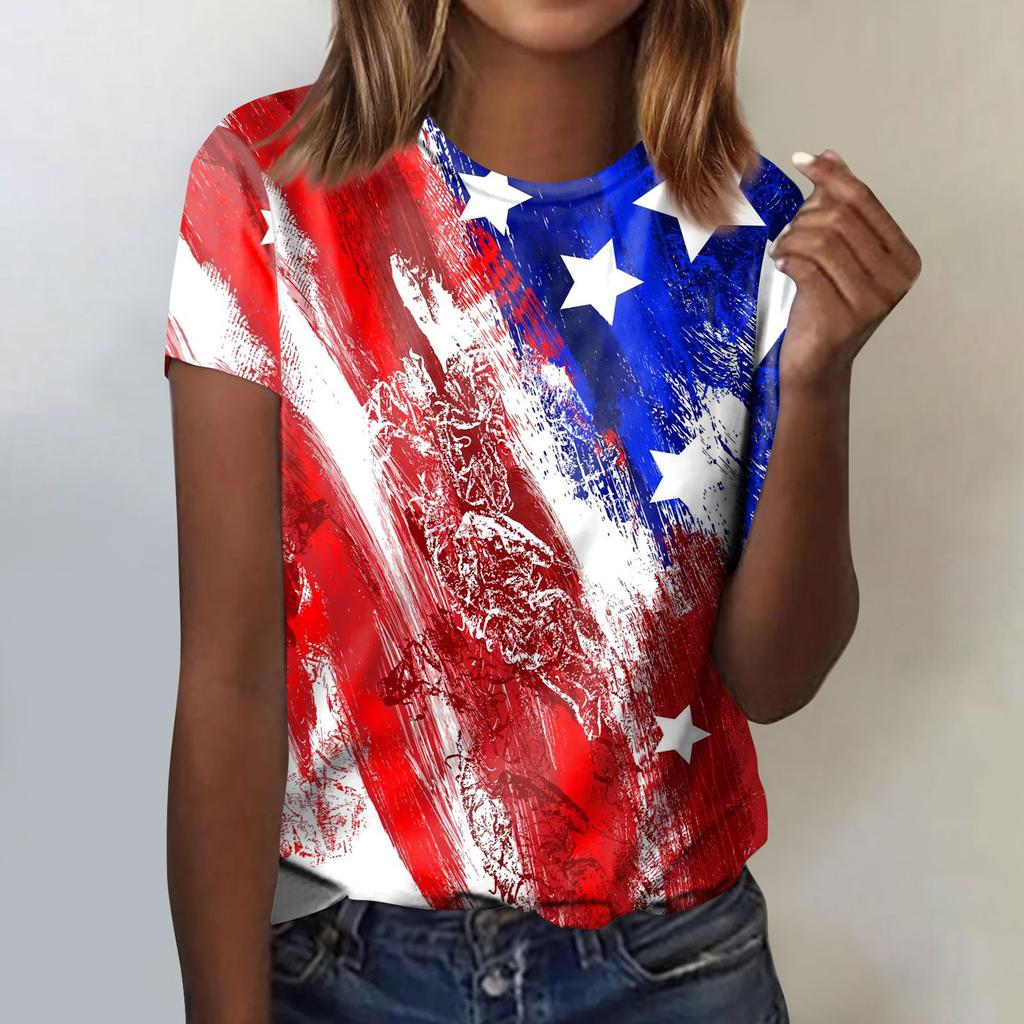 Women's Fashion Casual Independence Day Printed Round Neck Short Sleeve T-Shirt Top