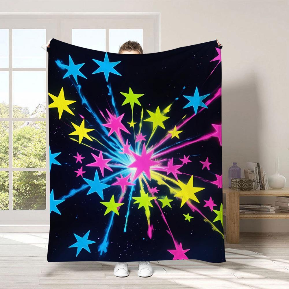 Burst Rainbow Firework Star Black Background Throw Blanket for Living Room Sofa Daily Leisure Birthday Family Gathering Gift