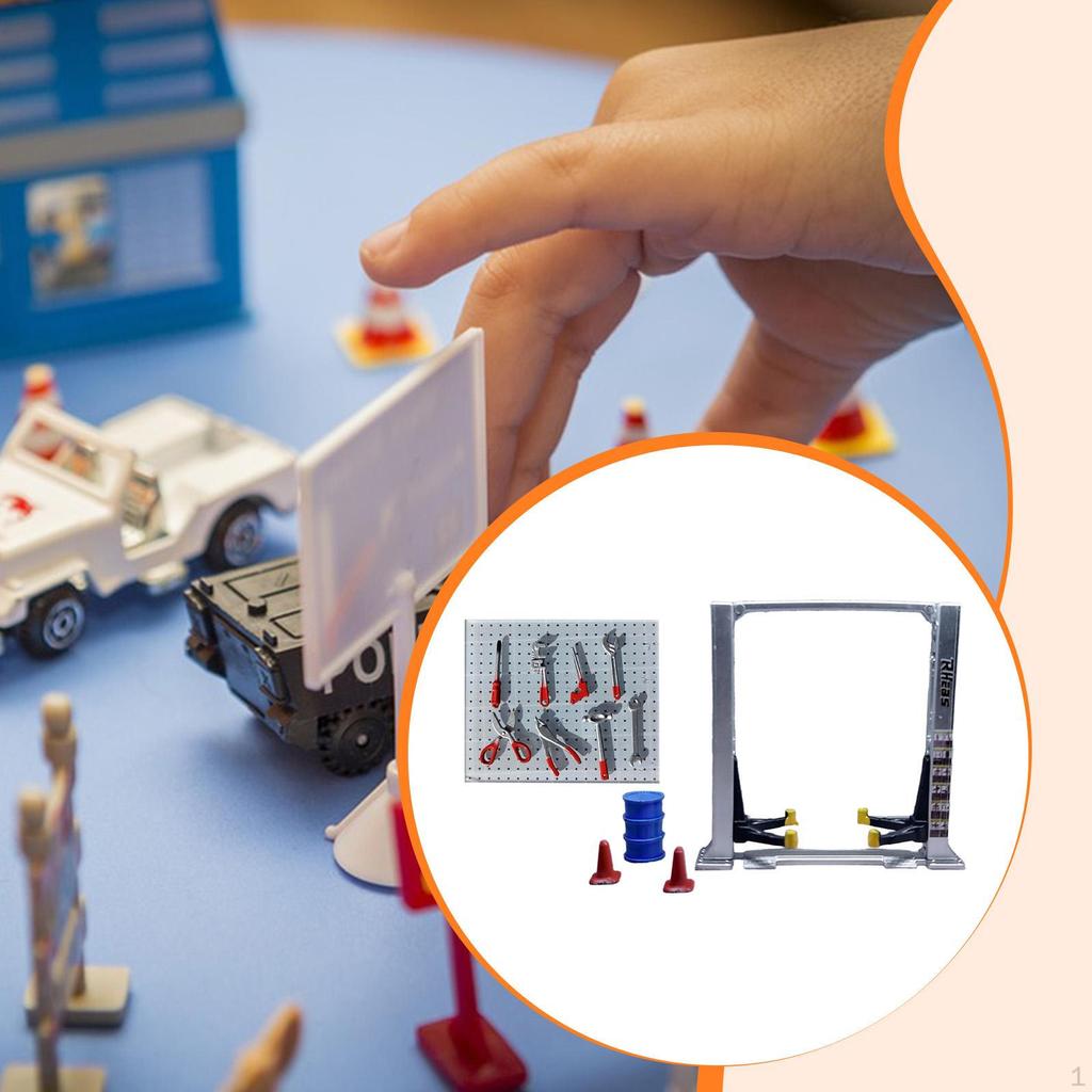 Диорама 1/64 Автогараж Инструменты для обслуживания Архитектурная модель Реалистичные дорожные конусы Подъемник Козловой кран