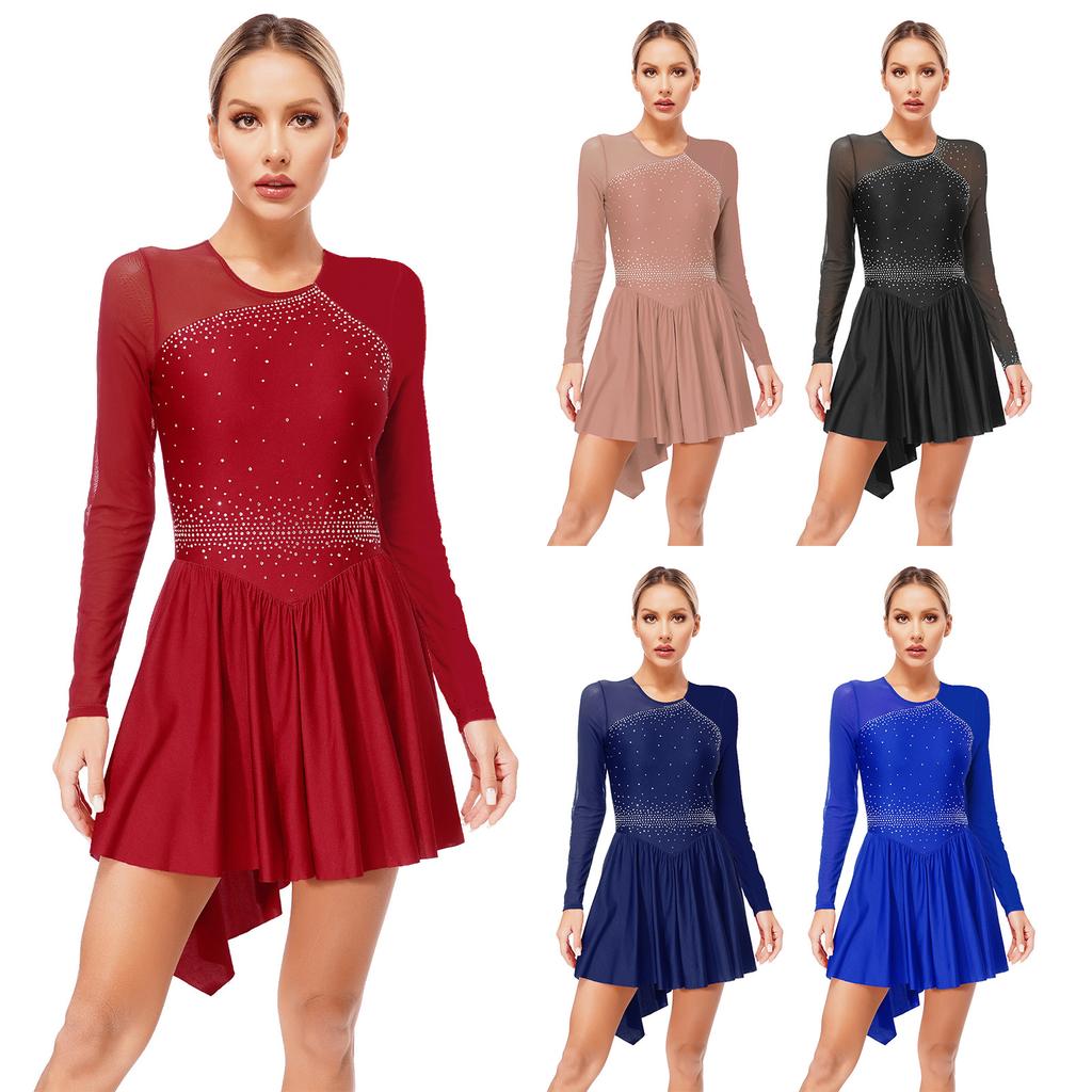 Женское платье для фигурного катания с блестящими стразами, вырезом на спине, контрастной расцветкой, прозрачной сетчатой отделкой в стиле пэчворк и длинными рукавами, для выступлений