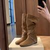 Cowhide~ Heel Height Increased 6cm, Genuine Leather Boots, Western Boots, Women's Pleated Stacking Boots, Medium Tube Buckle Strap, Thin Knight Boots
