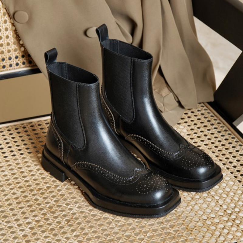 Модные женские ботинки из натуральной кожи, зимние слипоны, резные броги, ботинки челси, на толстом каблуке, ботильоны, женская обувь в британском стиле
