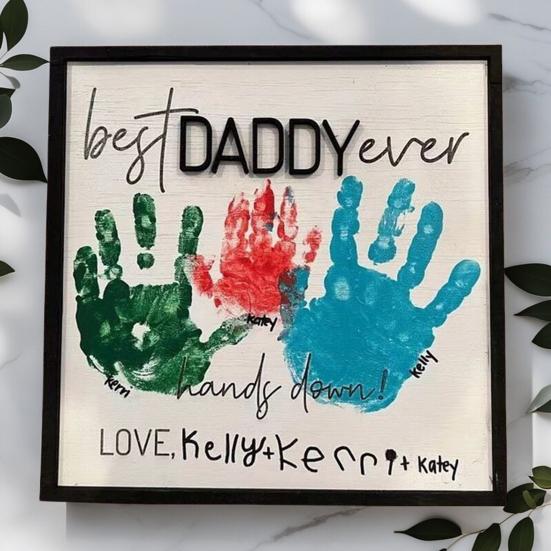 DIY Handprint Keepsake for Dad Best Dad Ever Wooden Plaque Desk Father And Kids Hands Down Sign for Daddy Papa Grandpa from Daughter Son Father's Day