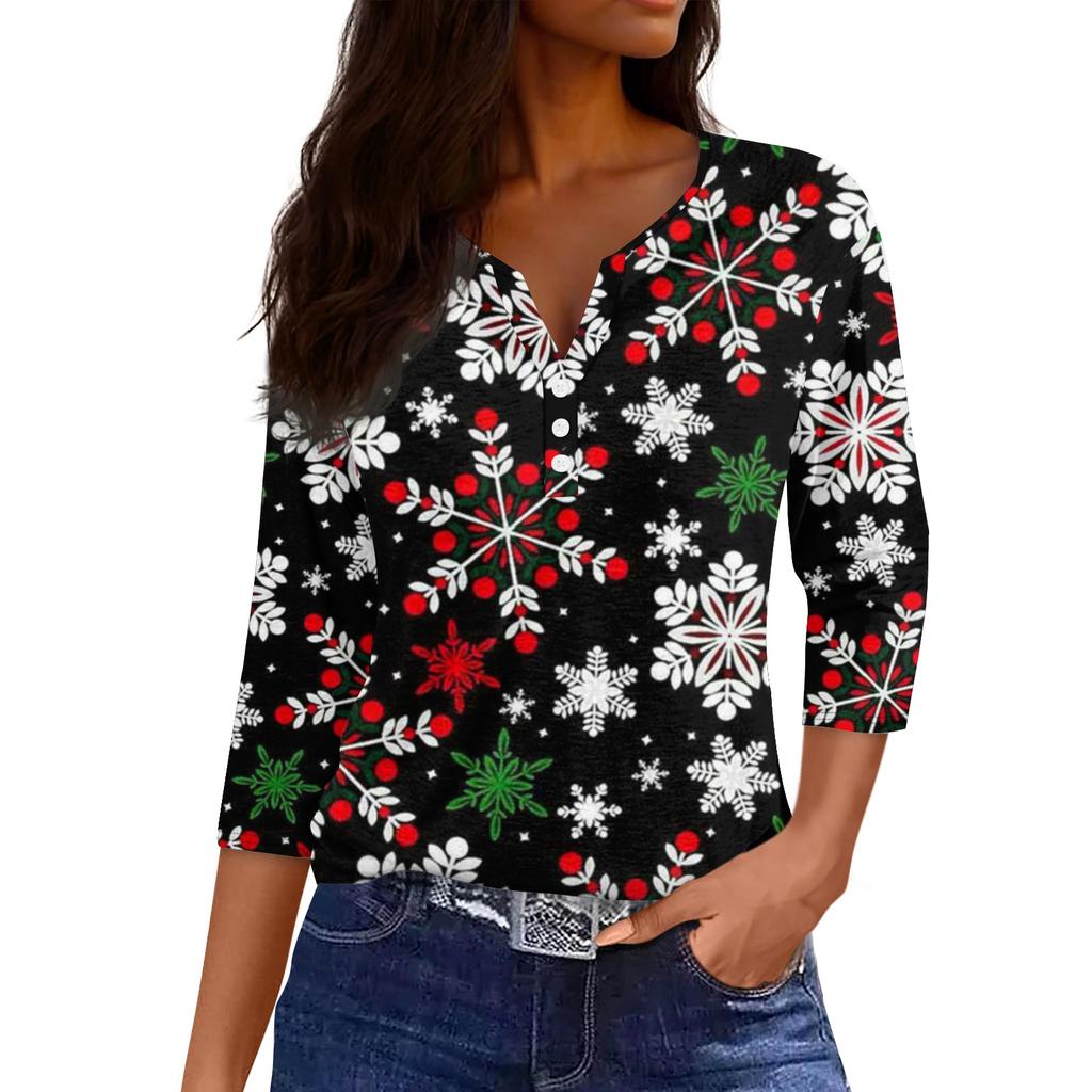 Women's Fashionable Casual Christmas Printed V-neck Three-quarter Sleeve Decorated Button Top