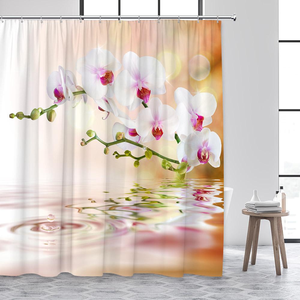 Дзен Занавеска для душа Зеленый бамбук Будда Розовая орхидея Лотос Лебедь Спа Природа Пейзаж Занавески для ванной Ткань Домашний декор с крючками