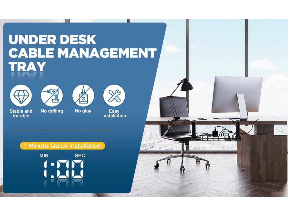 Punch-Free Under-Desk Cable Organizer & Power Strip Rack