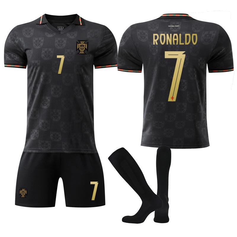 2026 Portugal Away 7 Ronaldo Soccer Jersey Set Black CR7 Football Kit Fans Edition
