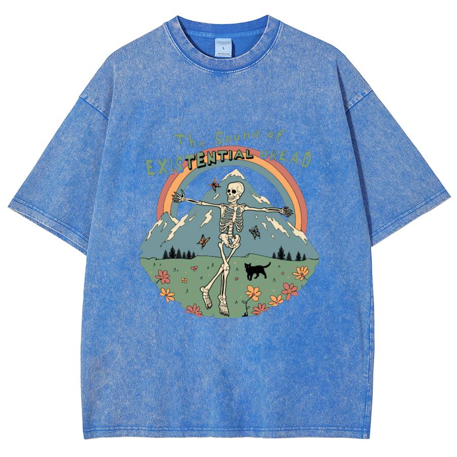 Skull Landscape Print Washed T-Shirt Large Couple Loose Wash Short Sleeve Medium Sleeve Crew Neck Dropped Shoulder