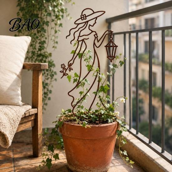 Iron Garden Art 11.8 Inch Plant Trellis for Climbing Plants, Elegant Lady Metal Yard Decor Trellis, Decorative Flower Support Outdoor Landscaping