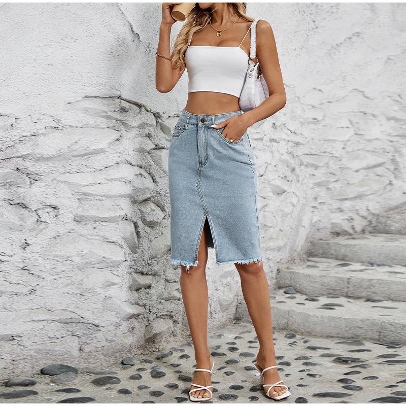 Юбки из денима для женщин, джинсы с высокой талией, потертым необработанным краем, юбка-клеш с карманами, летняя узкая юбка с разрезом и запахом