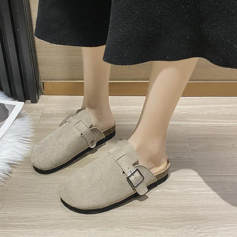 Мода 2024 года, высококачественная женская обувь, закрытый носок, женские тапочки, модные повседневные тапочки с пряжкой на ремне, женские новые тапочки на плоской подошве с круглым носком