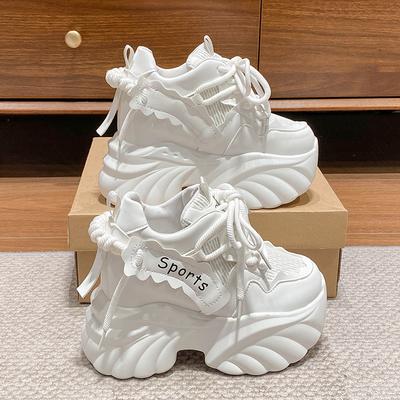 Модные белые массивные кроссовки женские новые осенние на скрытой платформе спортивные папины туфли женские на шнуровке дышащая сетка повседневная обувь 10 см