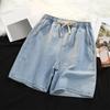 Мужские джинсовые шорты с эластичной талией и шнурком, прямые, широкие, летние шорты, однотонные