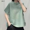 Футболка высокого класса в западном стиле с небольшим стоячим воротником, женская плиссированная весенняя новинка, свободный и облегающий модный топ с короткими рукавами