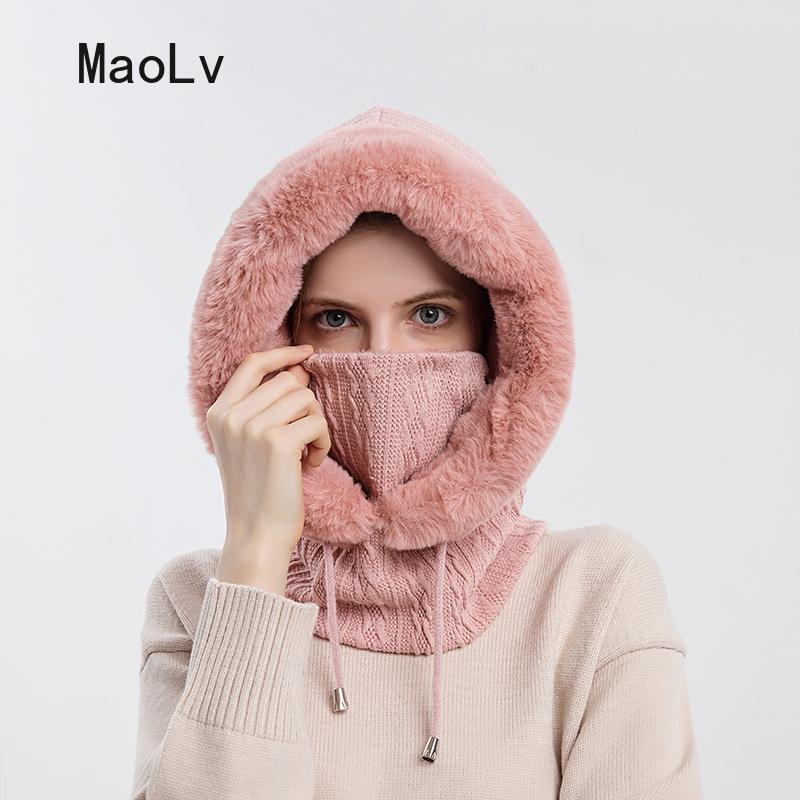 Hat Soft Winter Fur Cap Mask Set Hooded for Women Knitted Cashmere Neck Warm Balaclava Bicycle Hat Thick Plush Fluffy Ski Windproof Hat