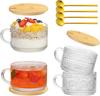 2/4/6Pcs Glass Coffee Cups with Bamboo Lids and Spoons Vintage Coffee Mugs Set 14 Oz Clear Embossed Glassware Tea Cups