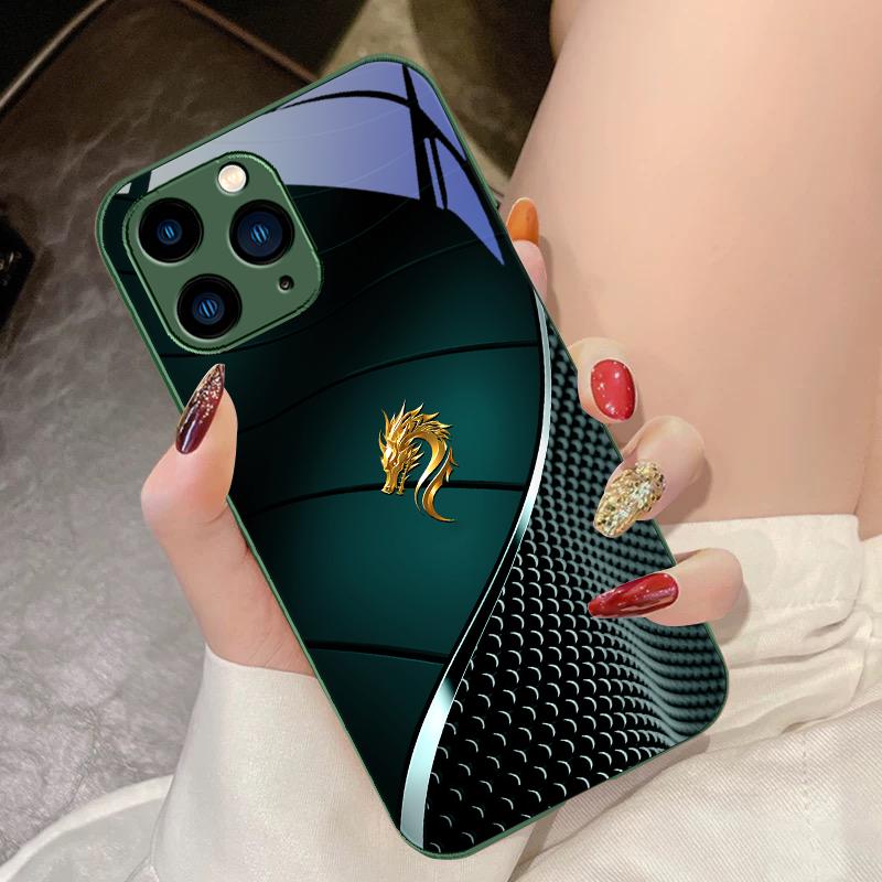 Черный чехол для телефона из закаленного стекла для iPhone 15 Pro 14 13 12 Mini 11 XS Max XR 7 8 Plus SE 2020 2022 Китайский Дракон Порошок
