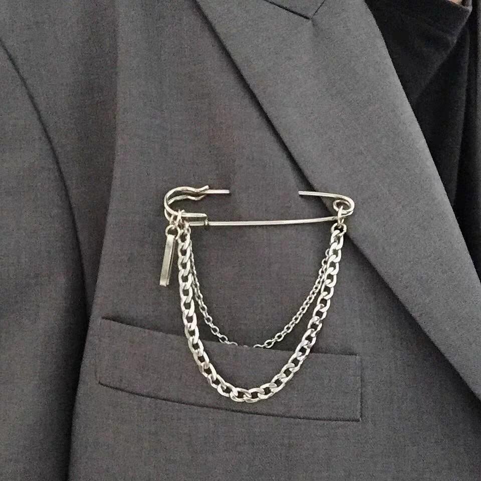 Korean Geometric Chain Pin Brooch - Trendy Unisex Metal Suit Accessory