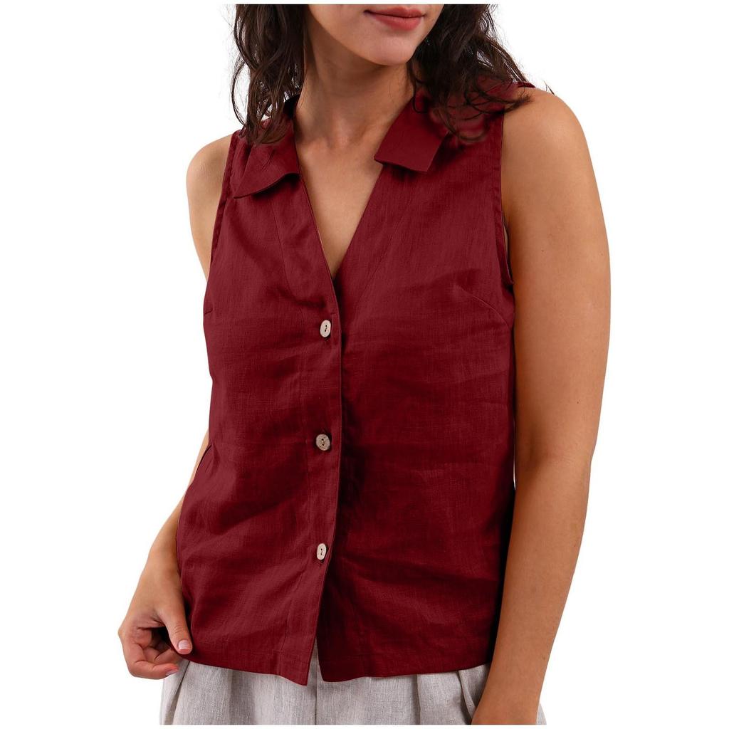 Women's Fashion Loose Solid Color Cotton And Linen Buttoned Lapel Vest Casual Shirt Top