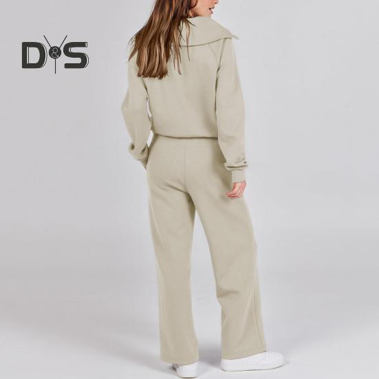 2Pcs/Set Women Solid Color Casual Outfit Lapel Zipper Neckline Long Sleeve Sweatshirt Elastic Waist Drawstring Wide Leg Pants Set