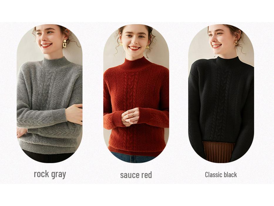 Женский кашемировый пуловер с полувысоким воротом и длинными рукавами - Однотонный, Повседневный, Свободный, Утепленный для осени/зимы.