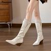 Мода Осень Зима Мода Плиссированный Дизайн Женские Сапоги до Колена Винтажная Искусственная Замша Шнуровка Высокий Каблук Вестерн Ковбой Длинные Ботильоны Обувь