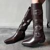 Модные женские дизайнерские кожаные высокие сапоги с острым носком на плоской подошве с пряжкой, женские зимние сапоги 2024 года, новые зимние женские мотоциклетные ботинки