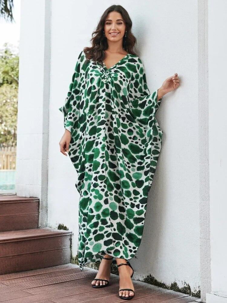 EDOLYNSA Кафтан больших размеров с богемным принтом, летнее длинное пляжное платье, женская домашняя одежда, купальный костюм, накидка, свободный кафтан