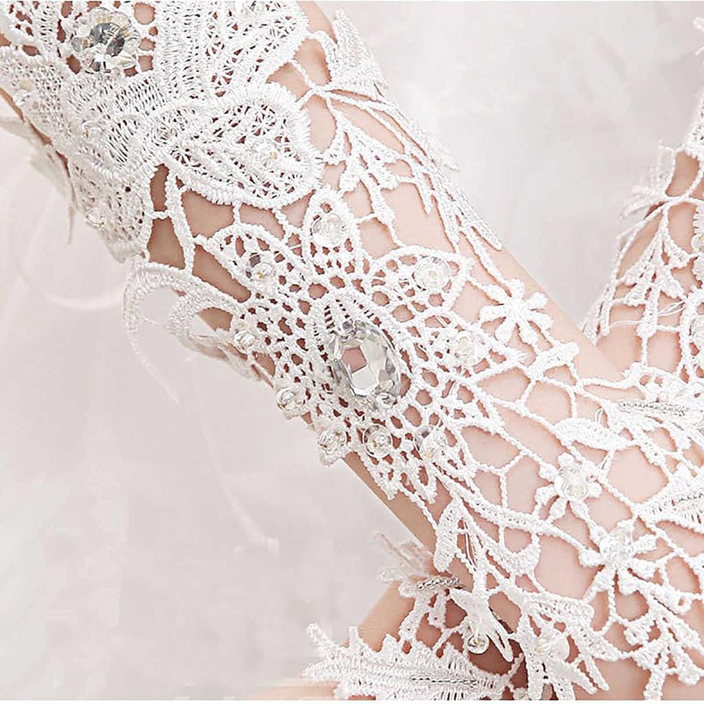 Lace Crystal Women’s Wedding Gloves Fingerless Elbow Bridal Floral Ivory Long Accessory for Bride