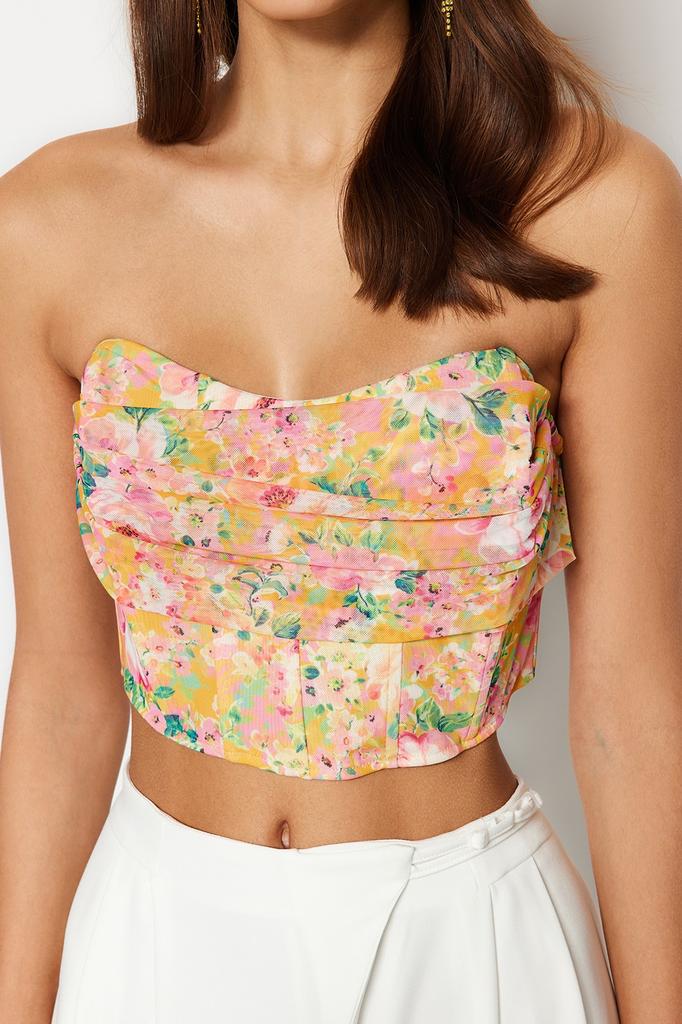 Women's Fashion New Bustier Blue-Multicolor Floral Printed Tulle Bustier