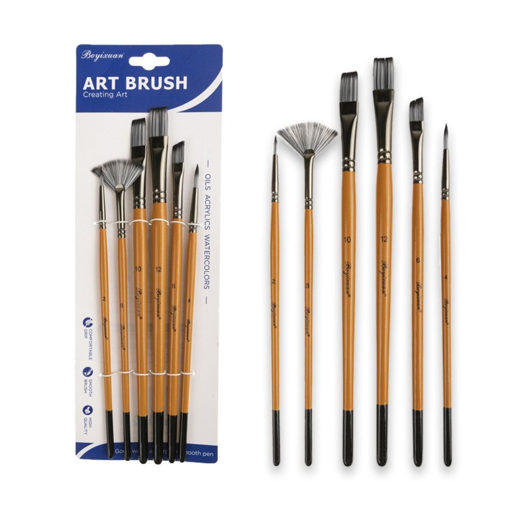Wooden Handle Acrylic Oil Brushes Round Head Art Paint Brushes 6pcs/set Art Supplies Artist