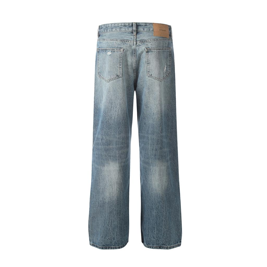 Tide brand American washed erosive ripped blue jeans straight men's tide vibe trousers