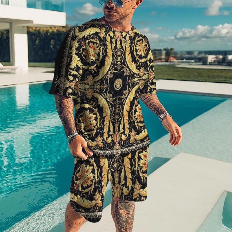 Летний мужской 3D-принтованный золотистый повседневный роскошный комплект футболки и шорт, спортивный костюм для мужчин из 2 предметов, модная мужская одежда, спортивный костюм