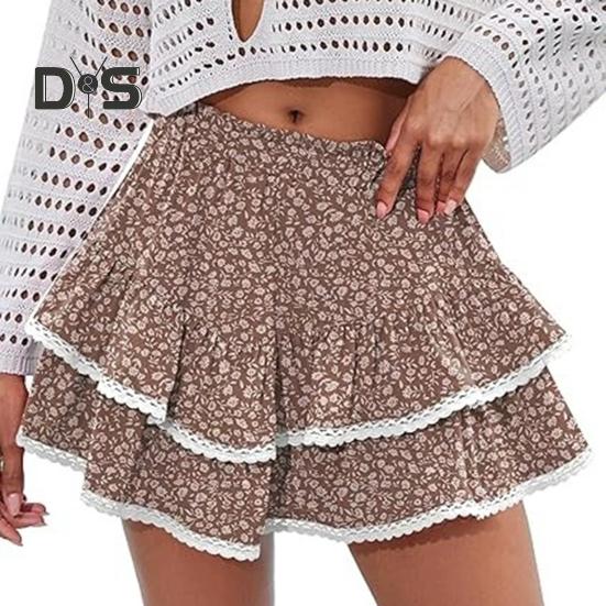 Женская юбка-торт с высокой талией, двухслойная мини-юбка в стиле бохо с оборками и эластичным поясом, кружевная юбка с подолом