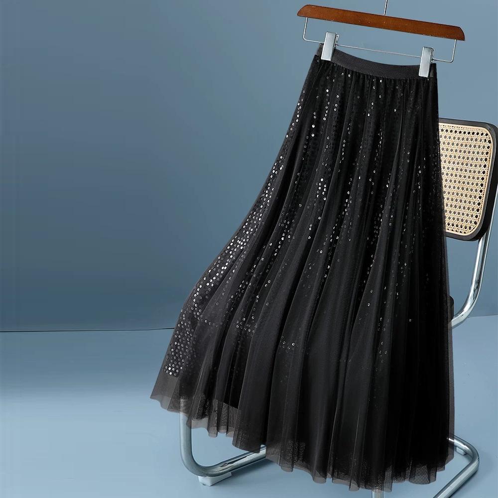 Qooth Осенняя черная юбка-макси А-силуэта из сетки с пайетками, юбка из марли с большим клешем QT2479