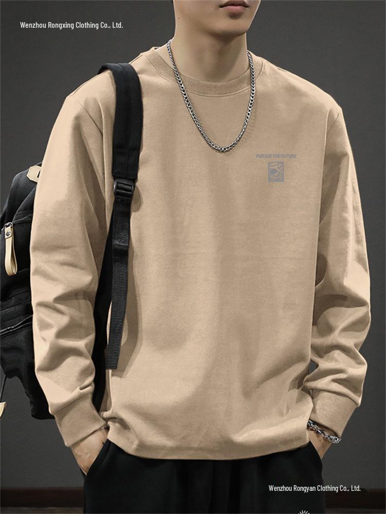 Оформление: Мужская осенняя базовая футболка с длинным рукавом из плотного хлопка 2025, толстовка свободного кроя с круглым вырезом